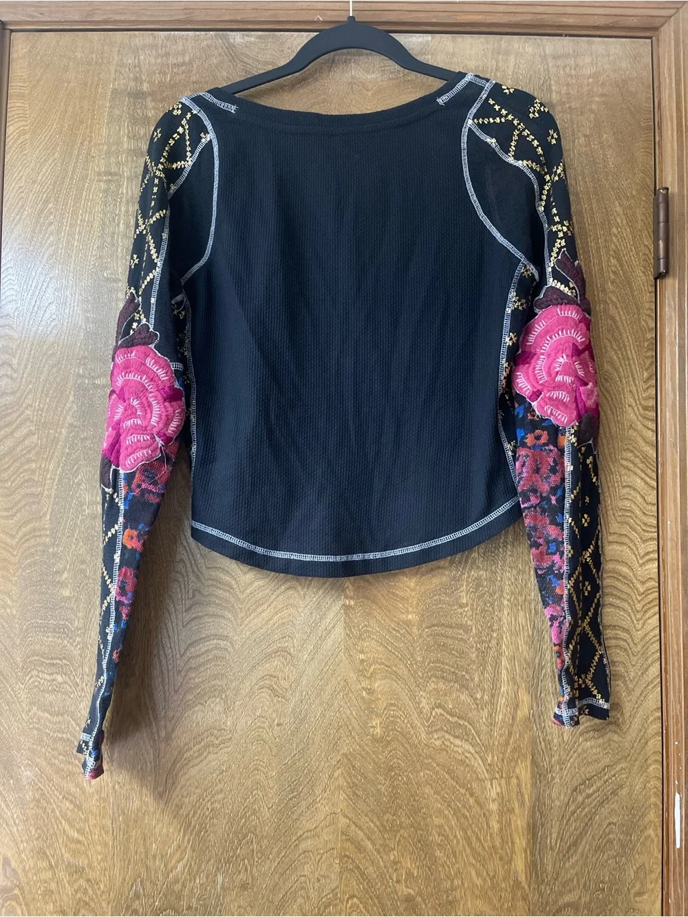 Free People Top Black Floral Embroidered Long Sleeve Crop Small Grunge Floral